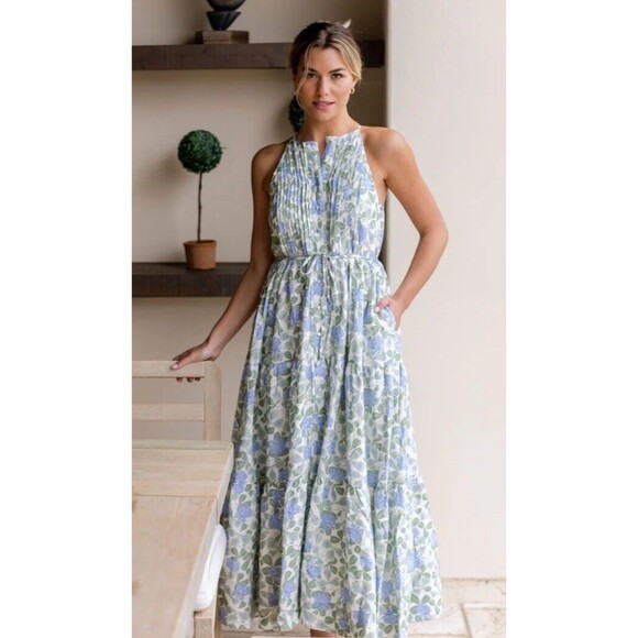 Hermoza Hilde Halter Maxi Dress Womens Size XS Tiered Linen Blend Floral NEW